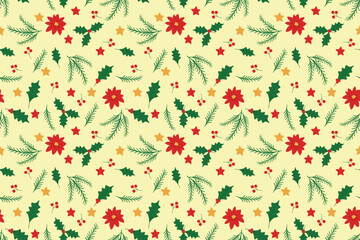 Seamless vector pattern Holly branches, poinsettias fir twigs stars Flat retro style Christmas ornaments Paper-cut look Festive wrapping paper, fabric Holiday decoration Yellow background