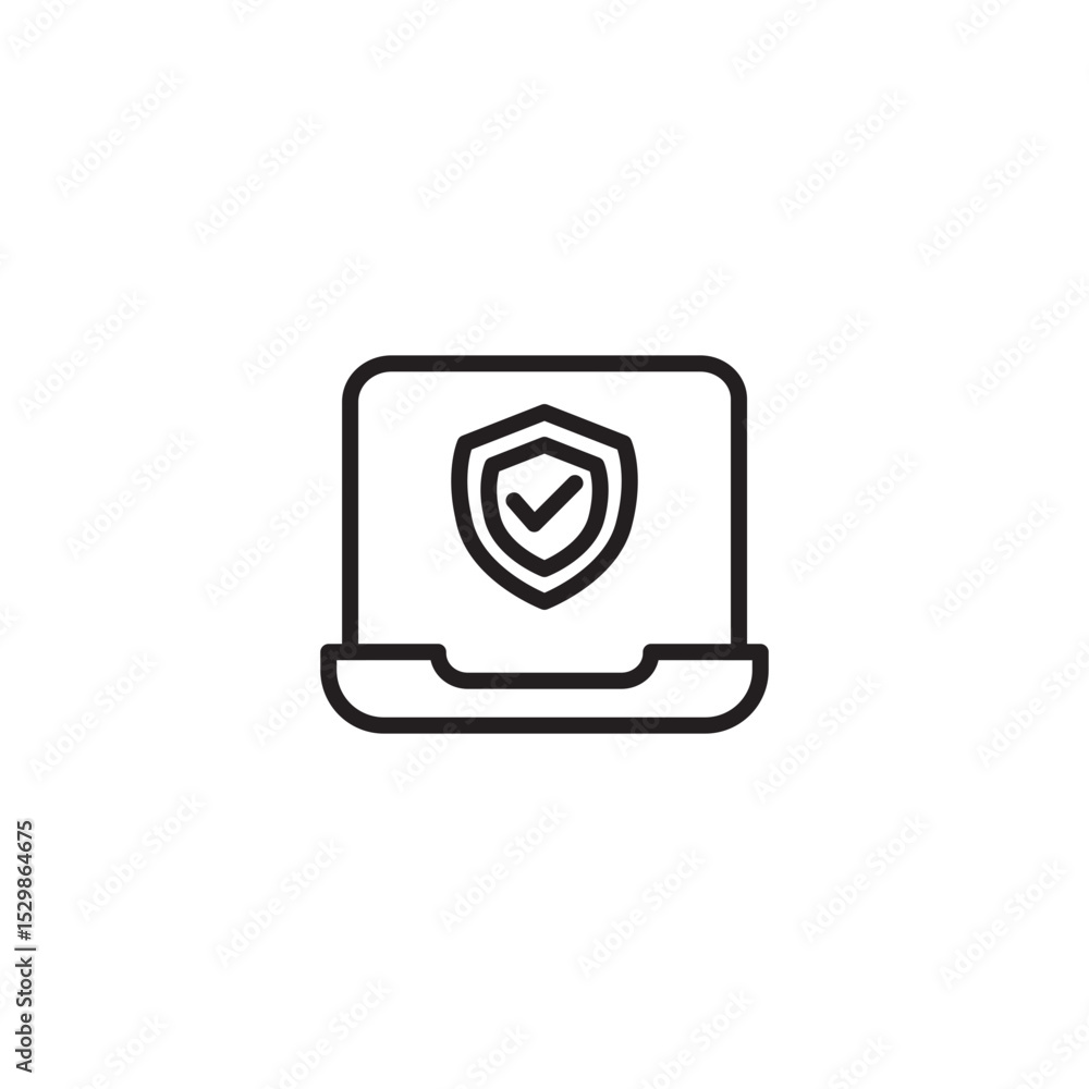 Poster a sleek line icon shows a laptop screen with a shield and checkmark, symbolizing computer security, 