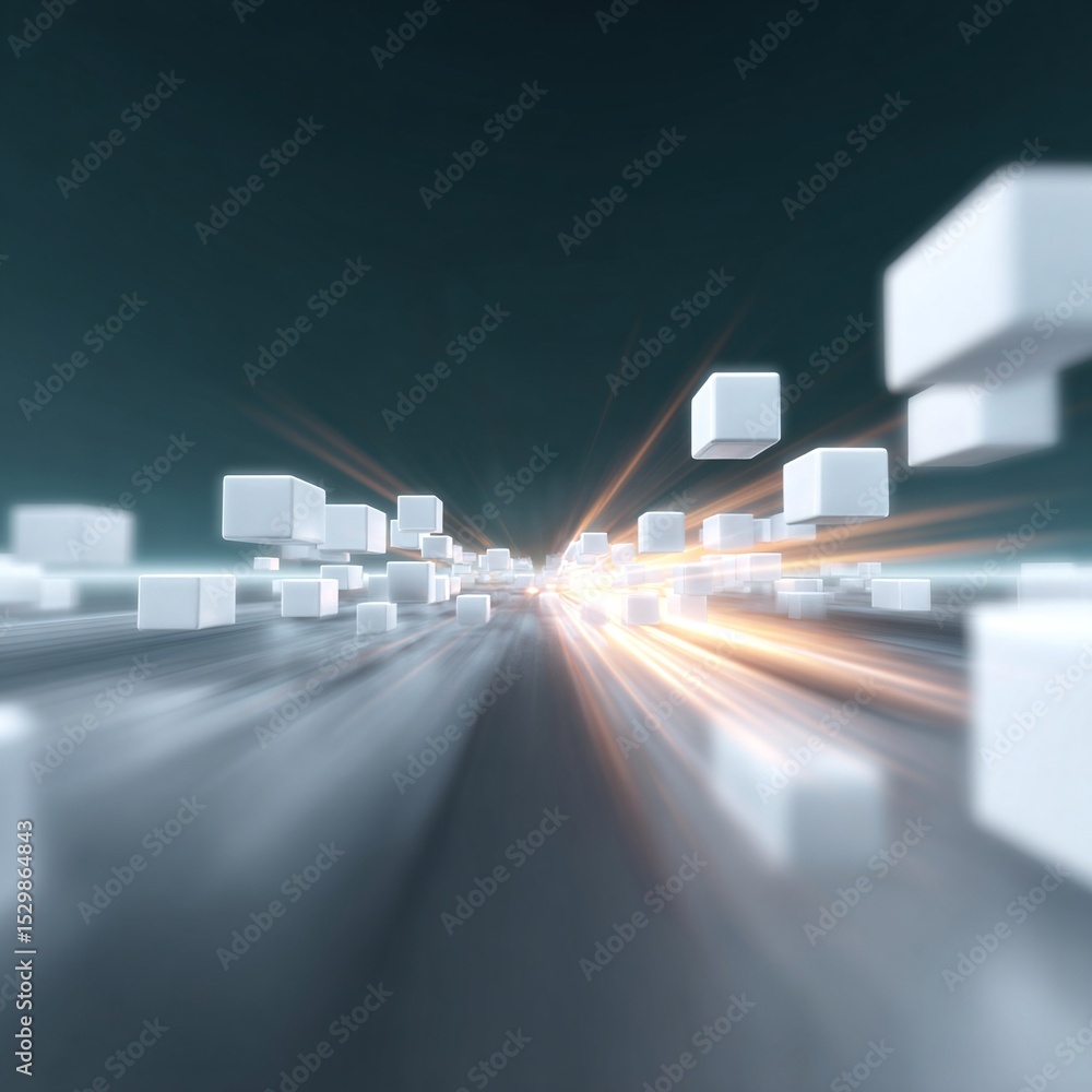 Poster abstract dynamic depth with white cubes and orange light rays