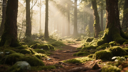 Sunlit Forest Path Moss Covered Trees Golden Light