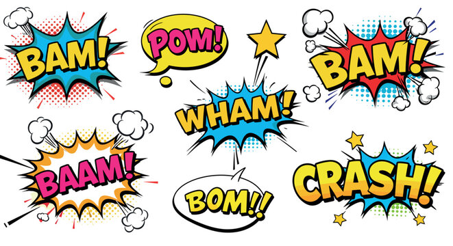 Colorful comic book sound effects: bam, pow, crash in pop art style vector illustration