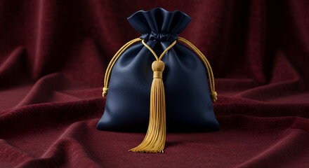A dark blue satin pouch with a golden tassel and drawstring on a maroon velvet background cloth