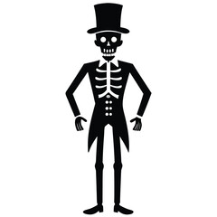 Obraz premium Elegant cartoon skeleton gentleman wearing top hat and tailcoat simple black vector illustration