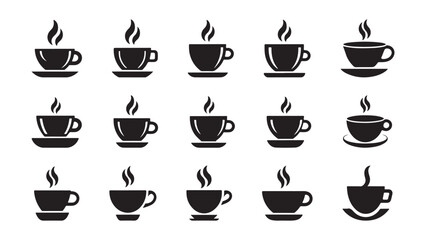 Black silhouette Hot espresso cappuccino cups and steaming coffee mugs set for breakfast