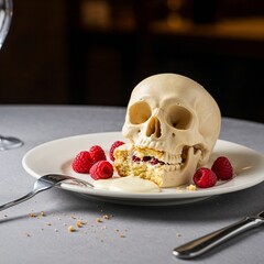 Edible skull dessert with raspberries and cream on a gray table  