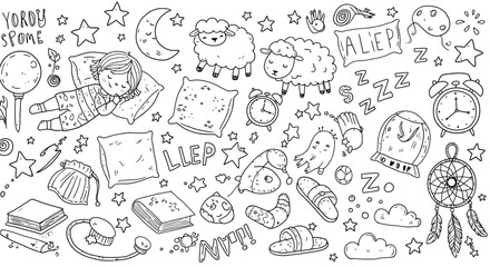 Cute child sleeping with doodles of sheep, stars, dreamcatchers, moon, and alarm clocks vector illustration
