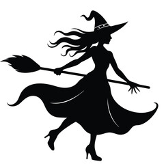 Elegant silhouette of a witch flying on a broomstick for halloween celebration graphics