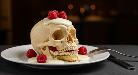 Edible skull dessert with raspberries and cream on white plate  