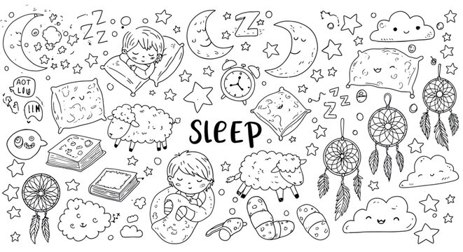 Hand-drawn sleep-themed doodles with sheep, dream catchers, and sleeping child vector illustration