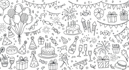 Festive celebration doodle with cakes, balloons, and fireworks vector illustration