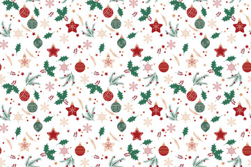 Seamless vector pattern Holly branches, poinsettias fir twigs stars Flat retro style Christmas ornaments Paper-cut look Festive wrapping paper, fabric Holiday decoration Transparent background
