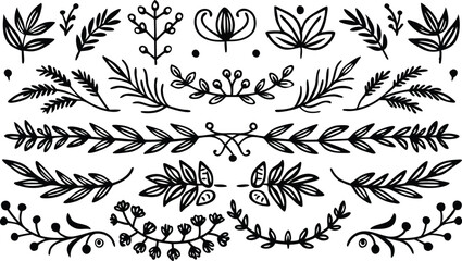 Fototapeta premium Black and white hand drawn floral elements set featuring leaves sprigs and botanical ornaments vector illustration.