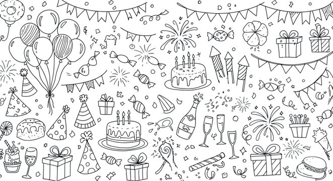 Festive celebration doodle with cakes, balloons, and fireworks vector illustration