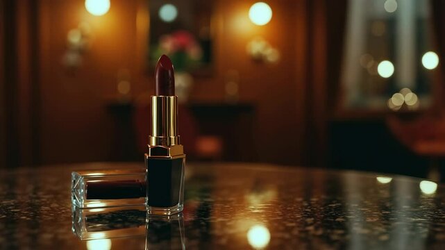 Luxury red lipstick with golden case on reflective surface creating elegant beauty product display. Premium cosmetic makeup against warm bokeh lights