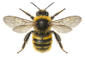 Detailed top down view of a fluffy bumblebee isolated against a clean black background depicting...