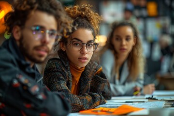 Obraz premium A group of three young individuals engaged in brainstorming and creative discussions, showcasing teamwork and innovation in a vibrant office environment.