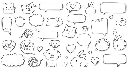 Cute cartoon animals and speech bubbles with blank expression balloons vector illustration