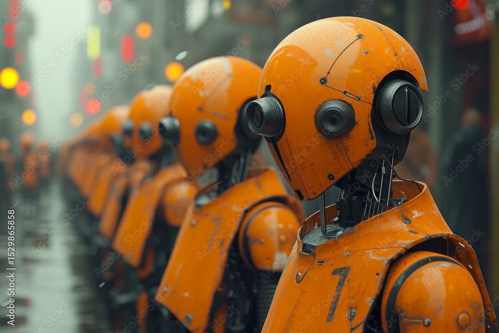 Aufkleber this image captures a row of robots with orange exteriors, featuring a futuristic design, marching i