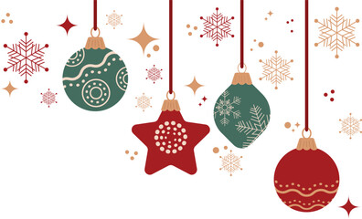 Vibrant red green ornaments suspended from ribbons adorned Seasonal motifs Snowflakes decorations Holiday season Merry Christmas Horizontal greeting card Transparent background Copy space