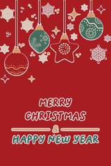 Vibrant red, green ornaments suspended from ribbons adorned Seasonal motifs Snowflakes decorations create festive atmosphere Holiday season Merry Christmas and happy New Year Vertical red background