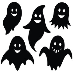 Obraz premium Five silhouetted smiling halloween ghosts isolated on white background ready for decoration