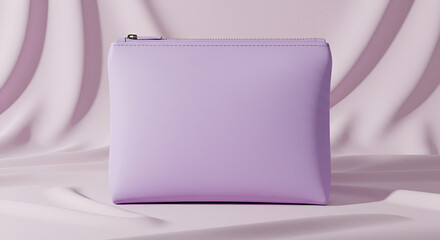 A lavender cosmetic bag with zipper on a draped lavender fabric background in soft studio lighting