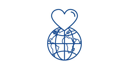 Heart above earth: symbol of global love and unity in blue line art vector illustration
