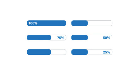 Progress bars at different completion levels: 100%, 75%, 50%, 25% in blue vector illustration