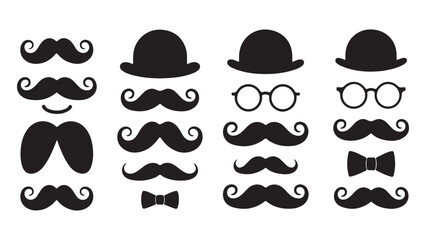 Collection of vintage curly beards, glasses, and funny hair silhouettes for men's fashion design, Father's Day concept