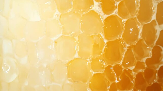 Golden honeycomb structure with hexagonal cells dripping fresh honey creating natural sweet texture. Organic bee product showing viscous liquid flowing movement