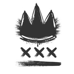 Grunge crown with grungy texture. Street art Spray paint graffiti . Grunge aesthetic ink graphic symbols of ROYAL CROWN,KING,QUEEN and hip hop isolated on white background for printing on t shirt