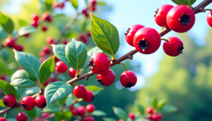 Fototapeta premium Vibrant Red Berries on Green Branch