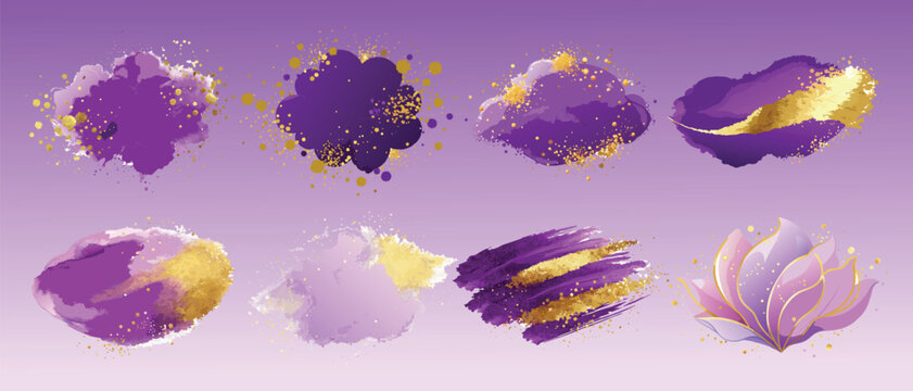 Luxurious Purple & Gold Watercolor Elements: Splashes, Brush Strokes & Lotus for Digital Design