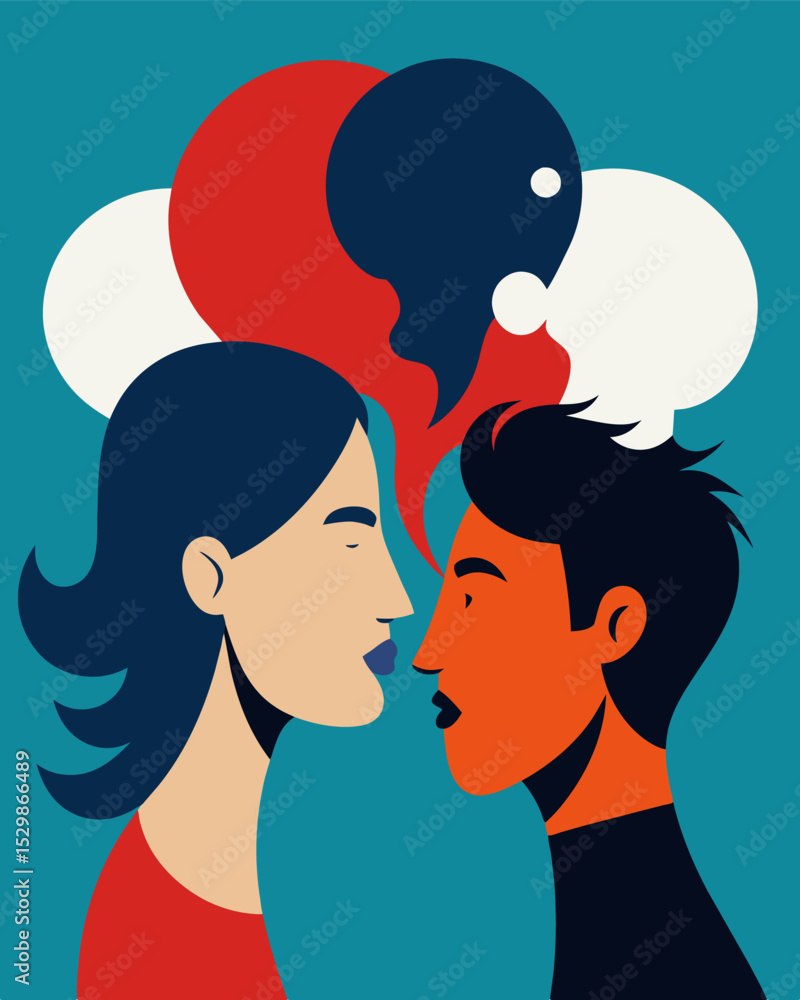Poster two opposing voices constantly whispering in ones mind unable to find a common ground.. vector illus