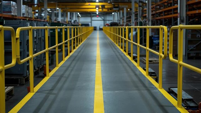 Industrial warehouse with yellow safety railings along elevated walkway platform. Bright protective barriers ensuring worker security in manufacturing facility. Workplace safety for construction