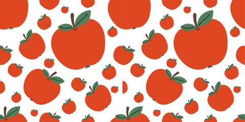Seamless apple pattern for back to school and autumn designs. Repeating vector background with hand-drawn red apples featuring green leaves and brown stems on a white backdrop. 