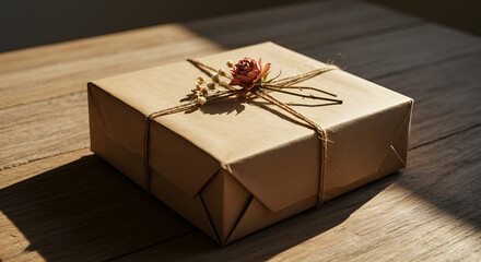 A brown paper wrapped gift with twine and a small rose on a wooden surface in warm light and shadows