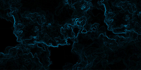 Abstract background with swirling, cloud-like textures in deep black and vibrant neon blue. Electric plasma or smoke tendrils, forming glowing, intricate, organic shapes. Suitable for technology, spac