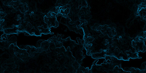 Abstract background with swirling, cloud-like textures in deep black and vibrant neon blue. Electric plasma or smoke tendrils, forming glowing, intricate, organic shapes. Suitable for technology, spac