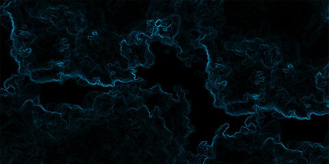 Abstract background with swirling, cloud-like textures in deep black and vibrant neon blue. Electric plasma or smoke tendrils, forming glowing, intricate, organic shapes. Suitable for technology, spac