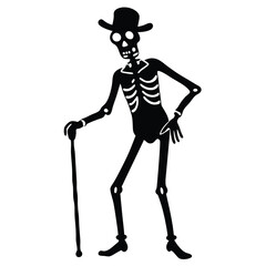 Silhouette illustration of a skeleton gentleman in a hat with a walking cane isolated