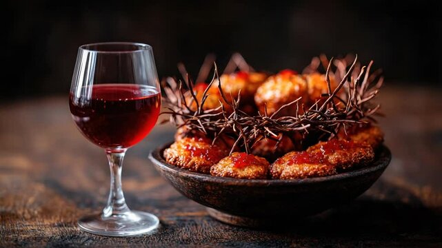 A glass of red wine and small, topped cookies arranged in a dark wooden bowl, with a crown of thorns-like sprigs