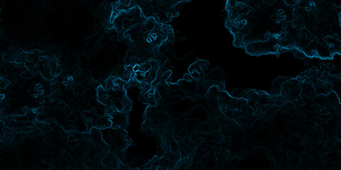 Abstract background with swirling, cloud-like textures in deep black and vibrant neon blue. Electric plasma or smoke tendrils, forming glowing, intricate, organic shapes. Suitable for technology, spac