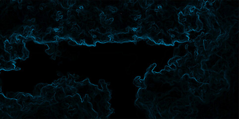 Abstract background with swirling, cloud-like textures in deep black and vibrant neon blue. Electric plasma or smoke tendrils, forming glowing, intricate, organic shapes. Suitable for technology, spac