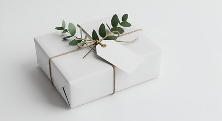 A white gift box with a tag and eucalyptus leaves on a white background for holidays and...