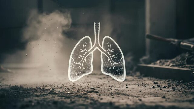 White lungs outline with bronchial tree visible against dusty construction site background. Respiratory system anatomy affected by airborne particles. Occupational health concept for workplace safety