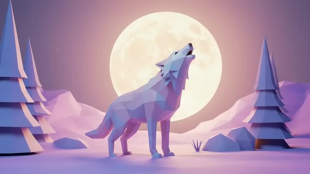 Low Poly Wolf Howling at the Moon in a Winter Landscape with Stylized Christmas Trees