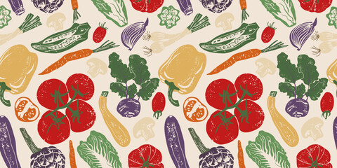 Seamless pattern with different vegetables. Linocut vector illustration with grunge texture. Linear woodcut illustration.	
