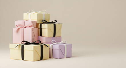 A stack of pastel colored gift boxes tied with ribbons on a neutral background in studio lighting