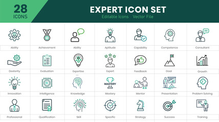  Expert icon set. Containing advice, competence, expertise, knowledge, skill, specialist, experience and more. Solid vector icons collection.
